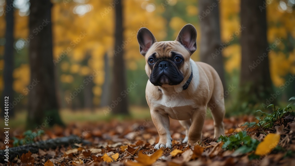 Naklejka premium Purebred French bulldog puppy exploring an autumn forest.