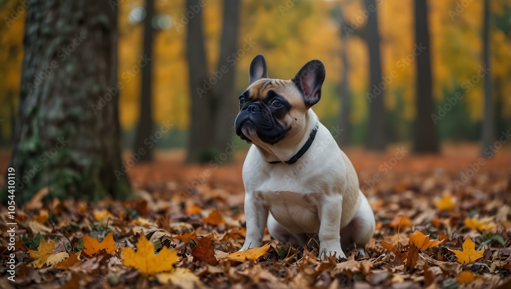 Naklejka premium Purebred French bulldog puppy exploring an autumn forest.