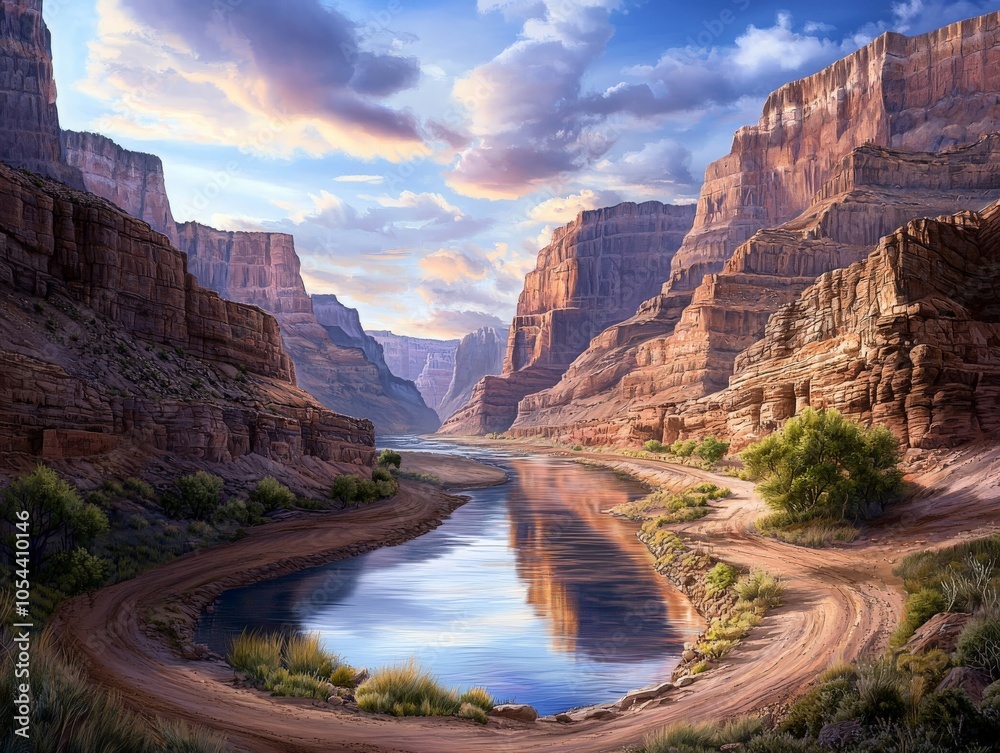 Fototapeta premium Serene Canyon Landscape with Winding River and Cliffs