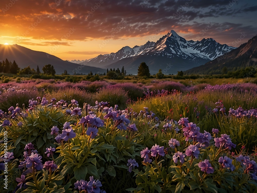 Purple flowers under sunset and majestic mountains Purple flowers under sunset and majestic mountains