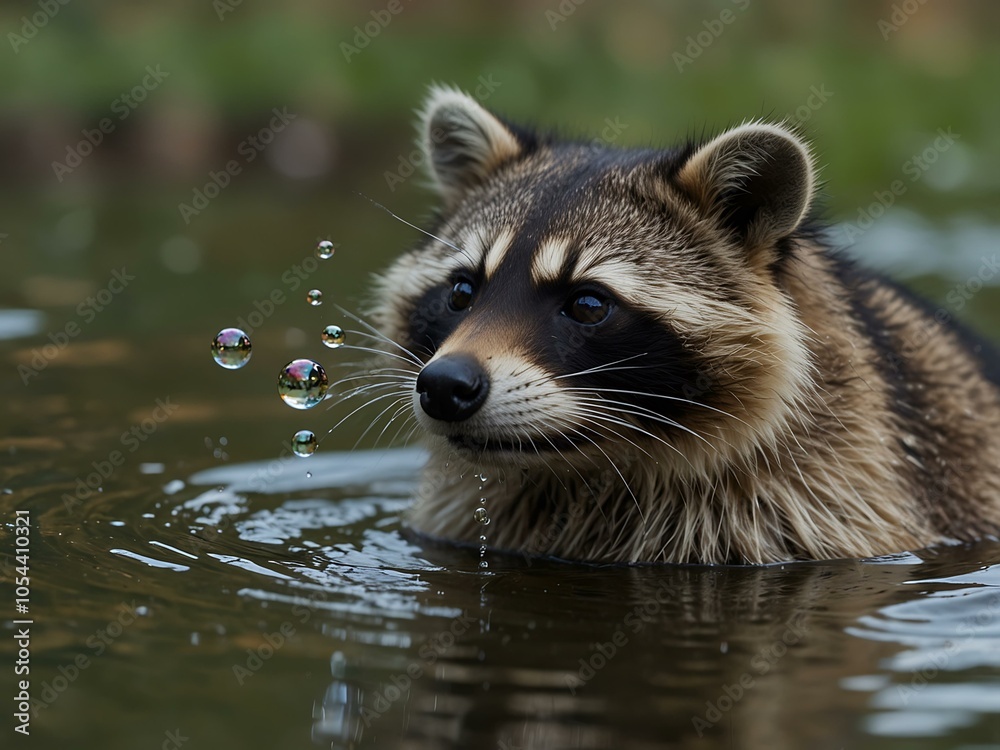 Fototapeta premium Raccoon playing in water with bubbles, cute and playful.