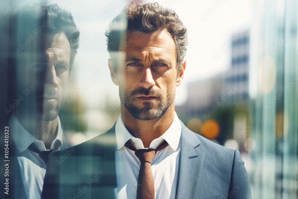 The double exposure image of the business man standing back during overlay with cityscape. Generative AI. The double exposure image of the business man standing back during overlay with cityscape. Generative AI.