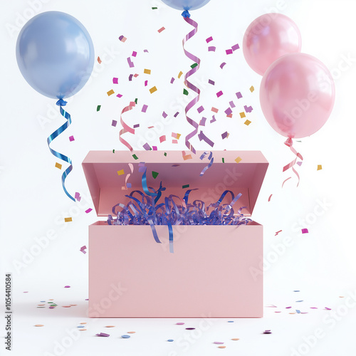 Open pink gift box with colorful confetti and balloons, representing celebration, party, and joyful surprise on a clean background photo