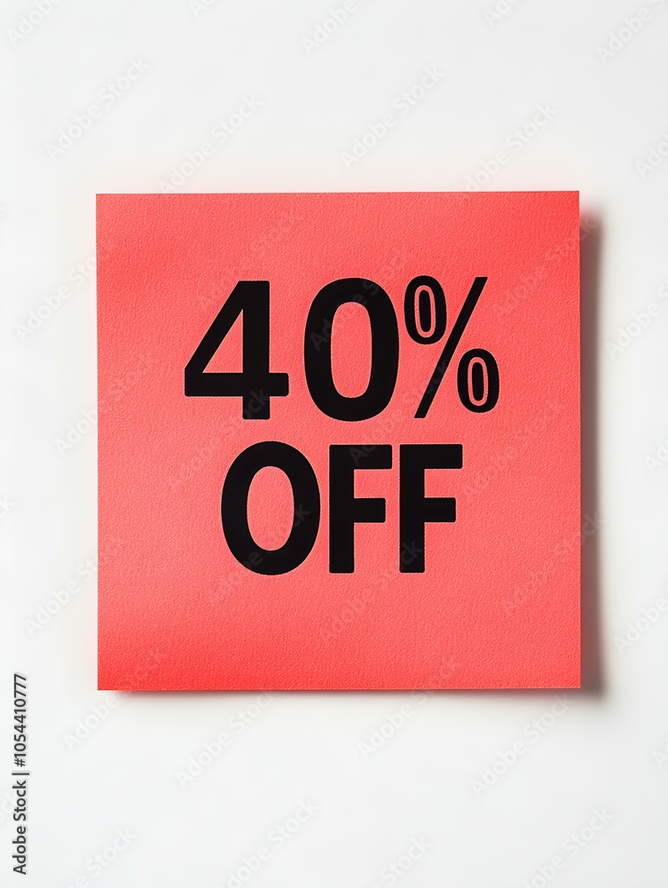 Black '40% OFF' Text on a Red Square Paper Note. White Background Black '40% OFF' Text on a Red Square Paper Note. White Background