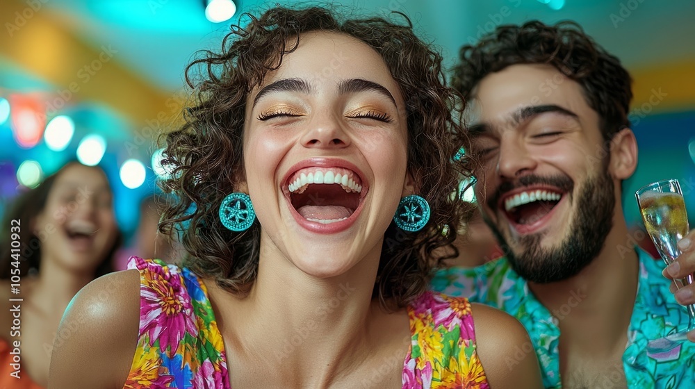 A young woman with curly hair laughs heartily, her eyes closed as she enjoys a night out with friends. A young woman with curly hair laughs heartily, her eyes closed as she enjoys a night out with friends.