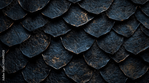 Close up of a black leafy pattern, possibly a dragon's tail. The pattern is made up of many small, overlapping leaves, creating a sense of depth and texture