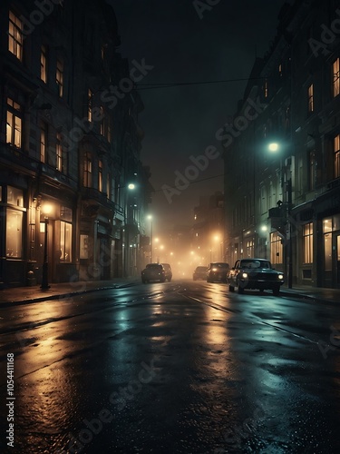 Retro city street at night, misty and illuminated.