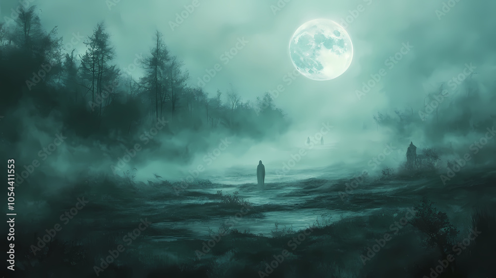 A misty moor with ghostly figures floating in the distance, illuminated by a full moon. Misty Moorlands. Illustration A misty moor with ghostly figures floating in the distance, illuminated by a full moon. Misty Moorlands. Illustration