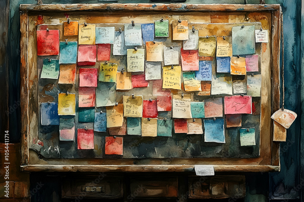 A colorful bulletin board filled with notes and reminders in various sizes and colors, showcasing creativity and organization. A colorful bulletin board filled with notes and reminders in various sizes and colors, showcasing creativity and organization.