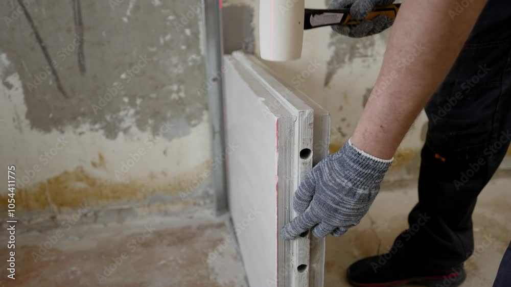 Construction worker installing plasterboard on metal profile using rubber mallet Construction worker installing plasterboard on metal profile using rubber mallet