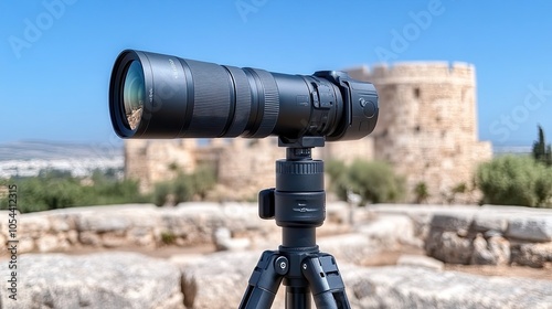 A close-up view of an action camera set up to capture stunning vistas of an ancient castle under daylight photo