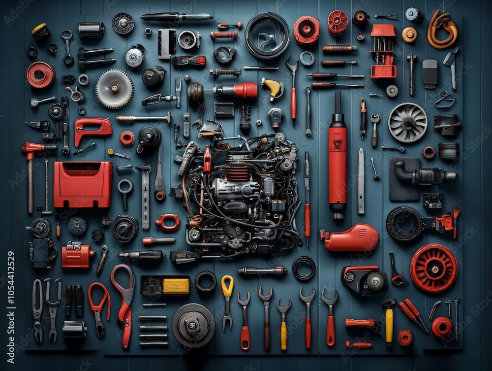 Fototapeta premium Car Engine Parts in a Mechanics Workspace