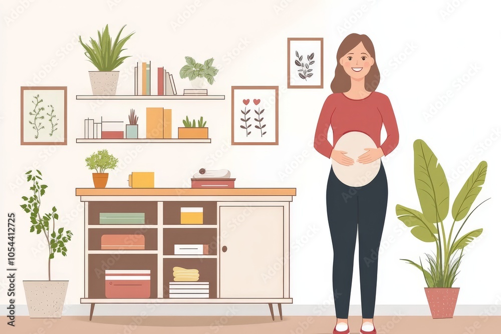 Illustrated young pregnant woman in modern cozy living room surrounded by plants and books symbolizing relaxation nesting and mindfulness within an organized tranquil space Illustrated young pregnant woman in modern cozy living room surrounded by plants and books symbolizing relaxation nesting and mindfulness within an organized tranquil space