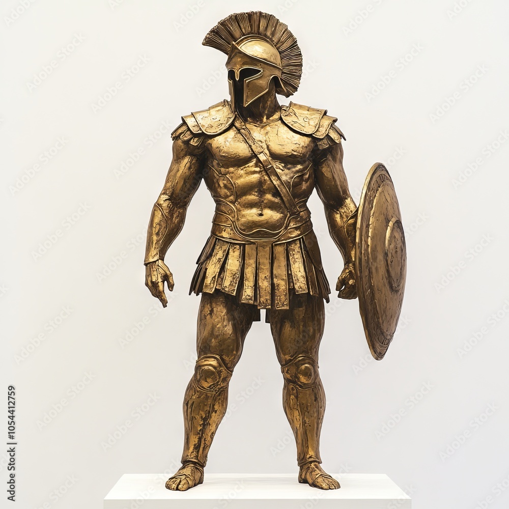 A bronze statue of a muscular Spartan warrior in armor and helmet. A bronze statue of a muscular Spartan warrior in armor and helmet.