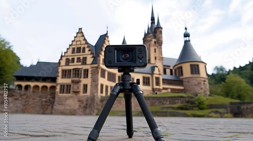 Capturing the majestic castle view with a camera on a tripod set against a blur of nature and history