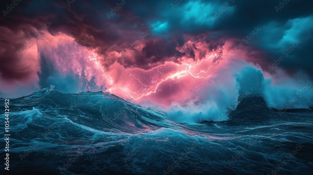 Dramatic lightning strike over a stormy sea with large waves. Dramatic lightning strike over a stormy sea with large waves.