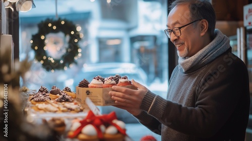 Wallpaper Mural A middle-aged man is purchasing holiday Christmas new year cupcakes at a cozy cafe counter. The asian customer smiles with a box of treats. Frosted windows, festive decorations in a bakery shop Torontodigital.ca