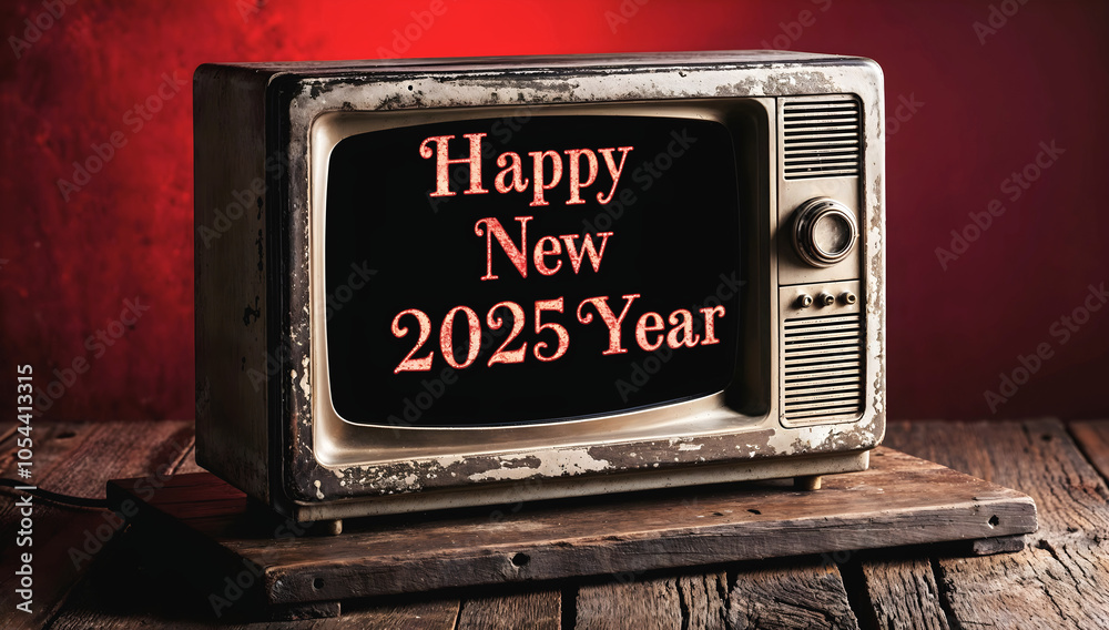 Old vintage tv with text Happy new 2025 year, festive template, retro, television, antique