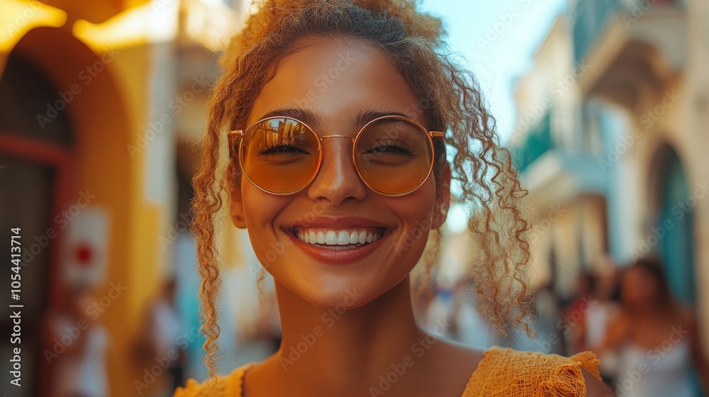 A joyful young woman enjoys a sunny day in a vibrant city street surrounded by friends