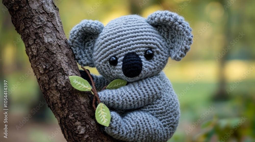 A charming crocheted koala in soft gray yarn clings endearingly to a tree branch, with textured leaves, evoking a cozy and adorable natural scene. A charming crocheted koala in soft gray yarn clings endearingly to a tree branch, with textured leaves, evoking a cozy and adorable natural scene.