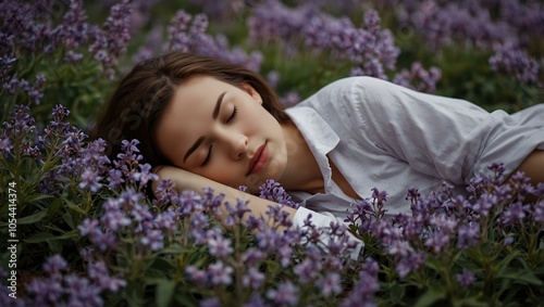 Sleeping woman amidst purple flowers.
