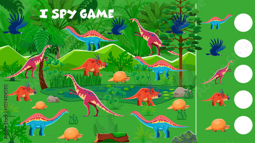Prehistoric dinosaurs i spy game worksheet for kids. Vector riddle task with cartoon dino characters. Count how many children test, education activity for baby mind development and arithmetic learning