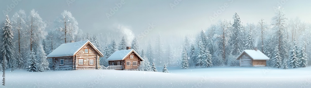 Naklejka premium Frosty winter wonderland with snowcovered cottages, chimney smoke curling into the cold air, peaceful holiday scene, flat design illustration