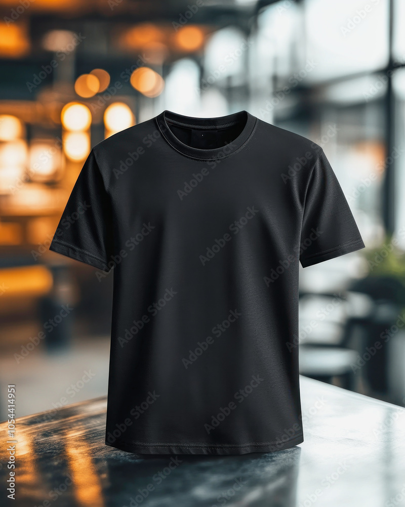 Stylish black t-shirt mockup displayed on a sleek surface in a modern cafe interior, capturing urban fashion aesthetics Stylish black t-shirt mockup displayed on a sleek surface in a modern cafe interior, capturing urban fashion aesthetics
