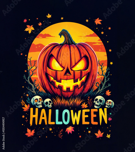 Halloween jack-o-latern with skulls. trees and leaves poster, card or t-shirt design photo