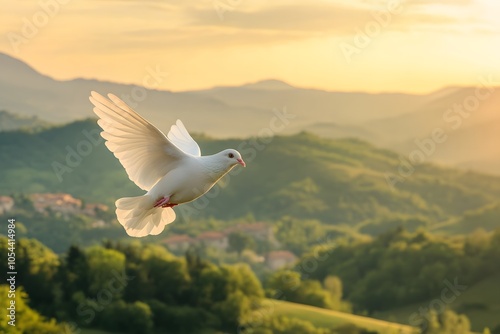 A white dove flying over a peaceful landscape, symbolizing hope and unity on the International Day of Peace photo