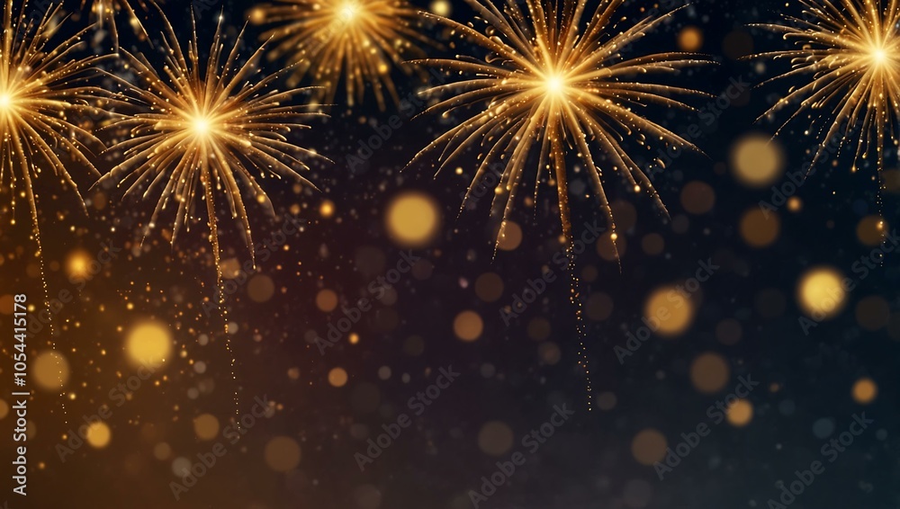 Obraz premium Sparkling festive background with golden fireworks and bokeh lights.