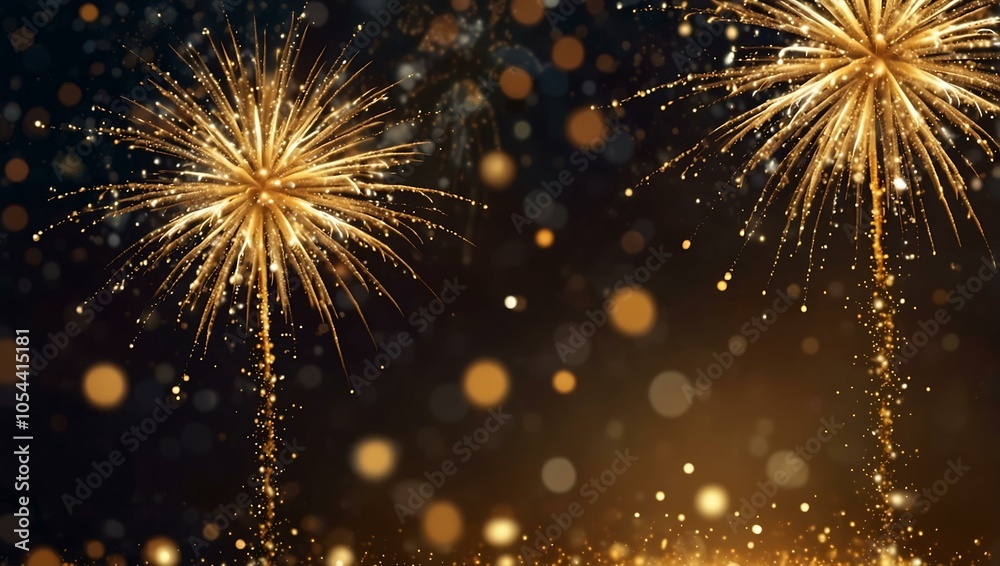 Fototapeta premium Sparkling festive background with golden fireworks and bokeh lights.