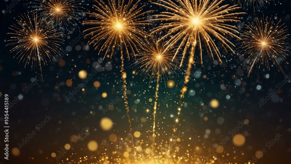 Obraz premium Sparkling festive background with golden fireworks and bokeh lights.