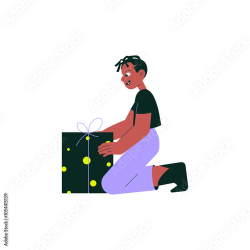Boy unwrapping surprise gift box in flat vector illustration symbolizing excitement, celebration, and special occasion, isolated on white background