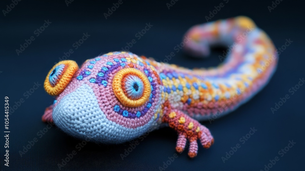 A vibrant crocheted gecko displays intricate patterns and bright colors on a dark background, combining artistic craftsmanship with natural inspiration. A vibrant crocheted gecko displays intricate patterns and bright colors on a dark background, combining artistic craftsmanship with natural inspiration.