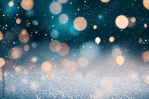 Soft shimmering lights and gentle snowflakes create a magical winter atmosphere indoors at dusk