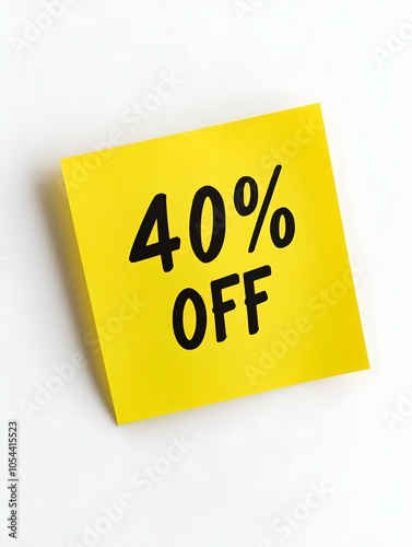 Black '40% OFF' Text on a Yellow Square Paper Note. White Background 