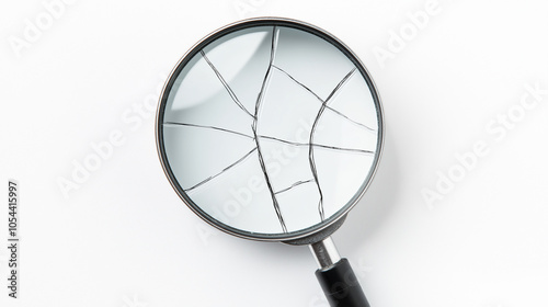 Broken magnifying glass with cracked lens on white background, representing damage, scrutiny, investigation, and focus on imperfections or flaws photo