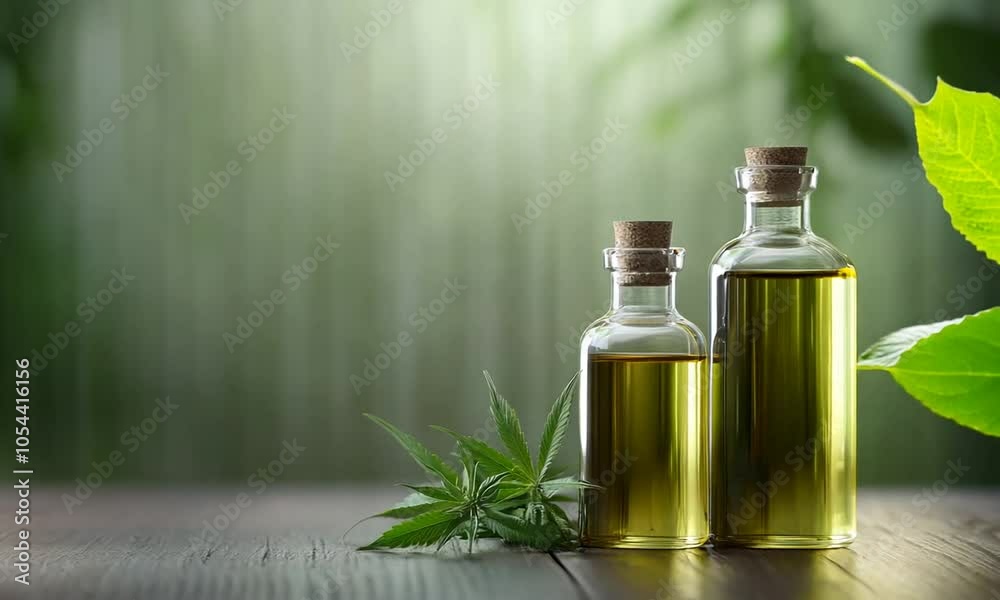 A bottle of oil with a cork stopper beside a cannabis leaf on a wooden surface.