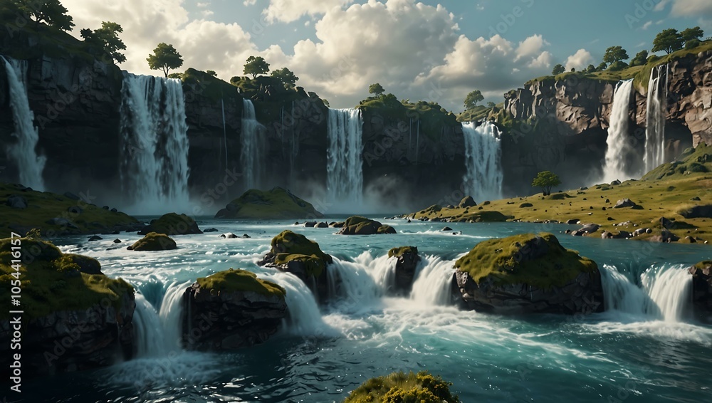 Fototapeta premium Surreal CGI landscape with floating plateaus and waterfalls