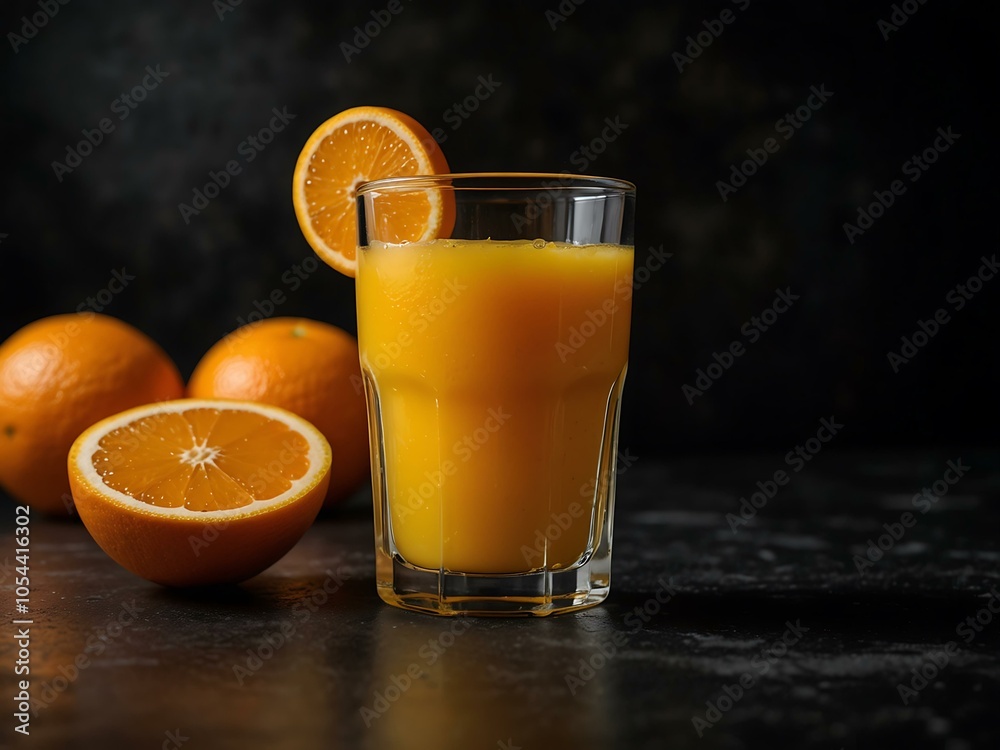 Tall glass of orange juice with sliced oranges on a dark surface. Tall glass of orange juice with sliced oranges on a dark surface.
