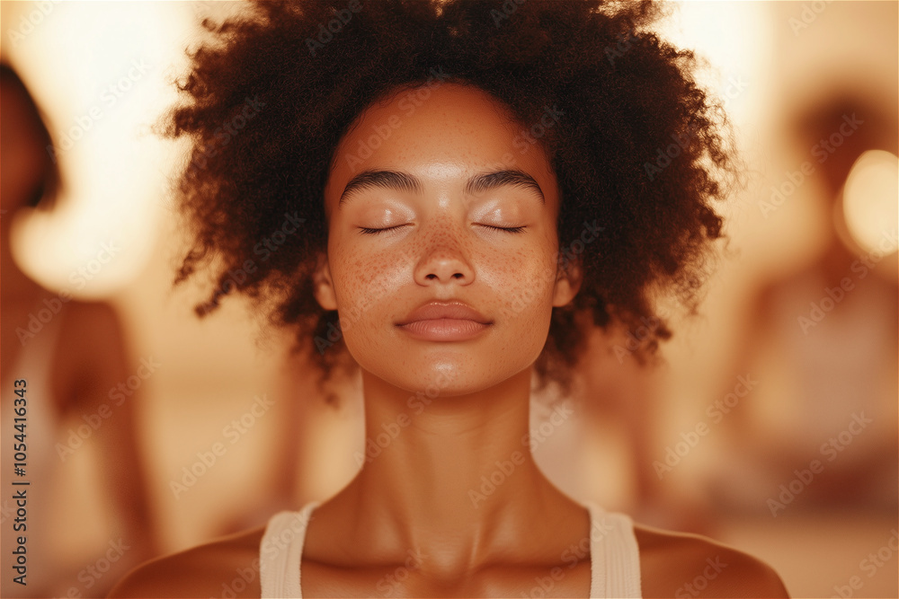 Close-up of a young African American woman meditating with closed eyes during a yoga practice, finding inner peace and mindfulness Close-up of a young African American woman meditating with closed eyes during a yoga practice, finding inner peace and mindfulness