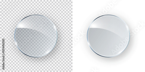 Glass, acrylic or plastic circle badge isolated on transparent and white backgrounds. Reflection 3d button, glare mirror. Vector glossy round element design