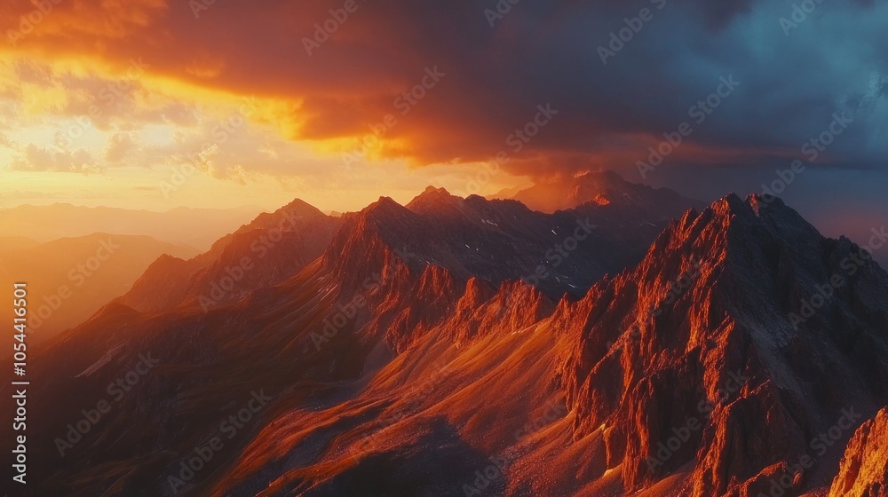 A stunning sunset paints the sky with vibrant orange and red hues, casting a warm glow over the majestic mountain peaks.