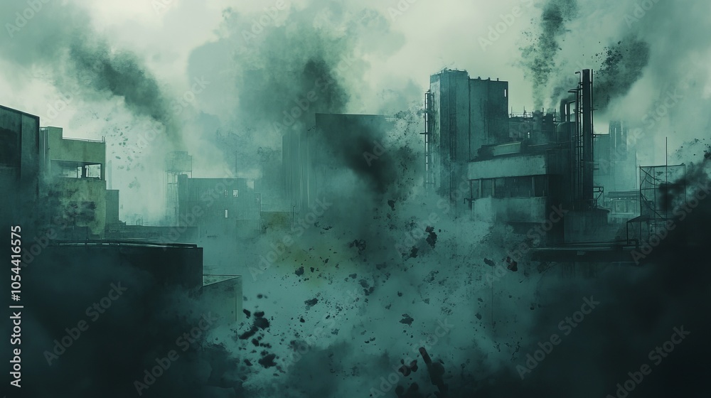 An intense image depicting a dystopian industrial landscape shrouded in heavy green smog, symbolizing pollution and the consequences of industrialization. An intense image depicting a dystopian industrial landscape shrouded in heavy green smog, symbolizing pollution and the consequences of industrialization.