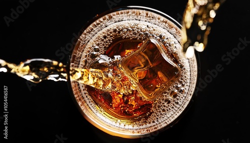 Glass of whiskey with ice top view