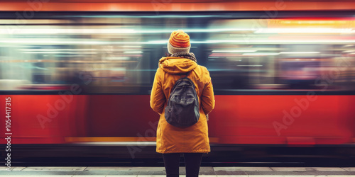 Woman from back on the metro station platform against blurred train