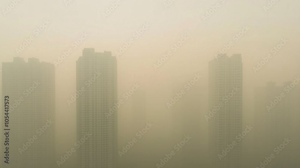 Fototapeta premium Cityscape obscured by dense smog with tall buildings in the distance