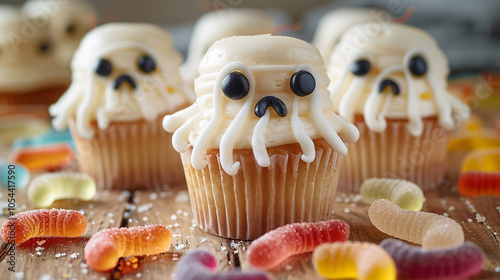 A close-up of ghost-shaped vanilla cupcakes with black eyes and mouths, topped with wisps of white frosting, alongside gummy worms crawling out from beneath them on a worn wooden table. photo