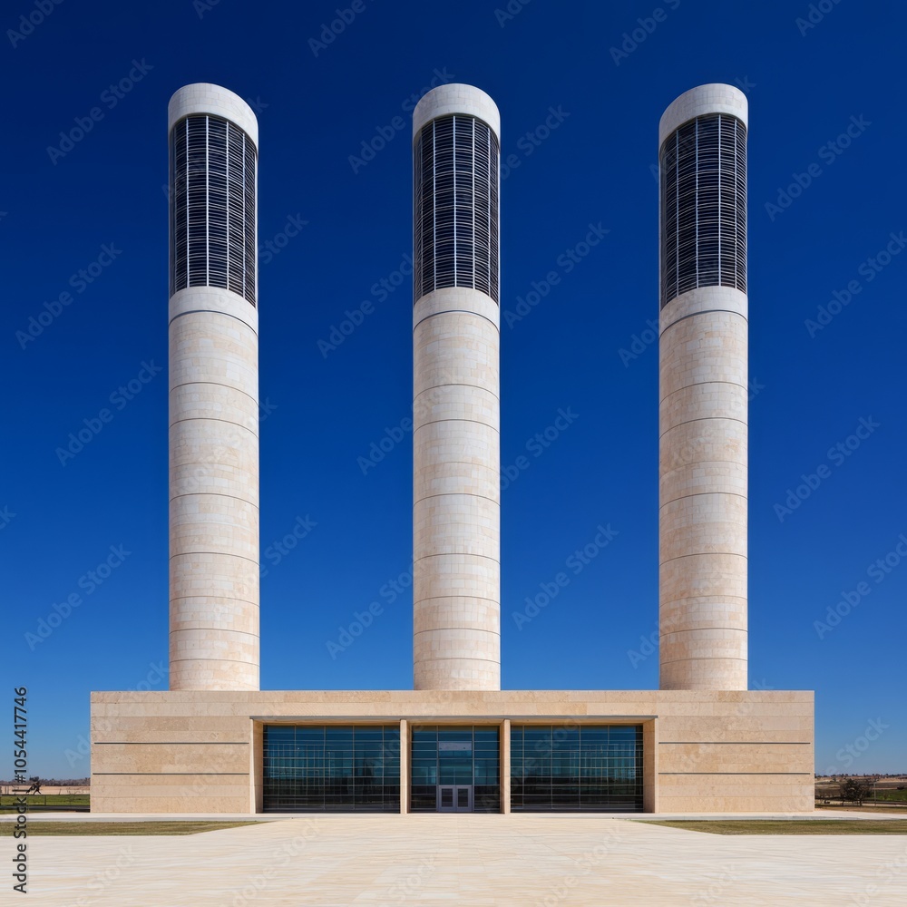 Three tall cylindrical structures against a clear blue sky. Three tall cylindrical structures against a clear blue sky.